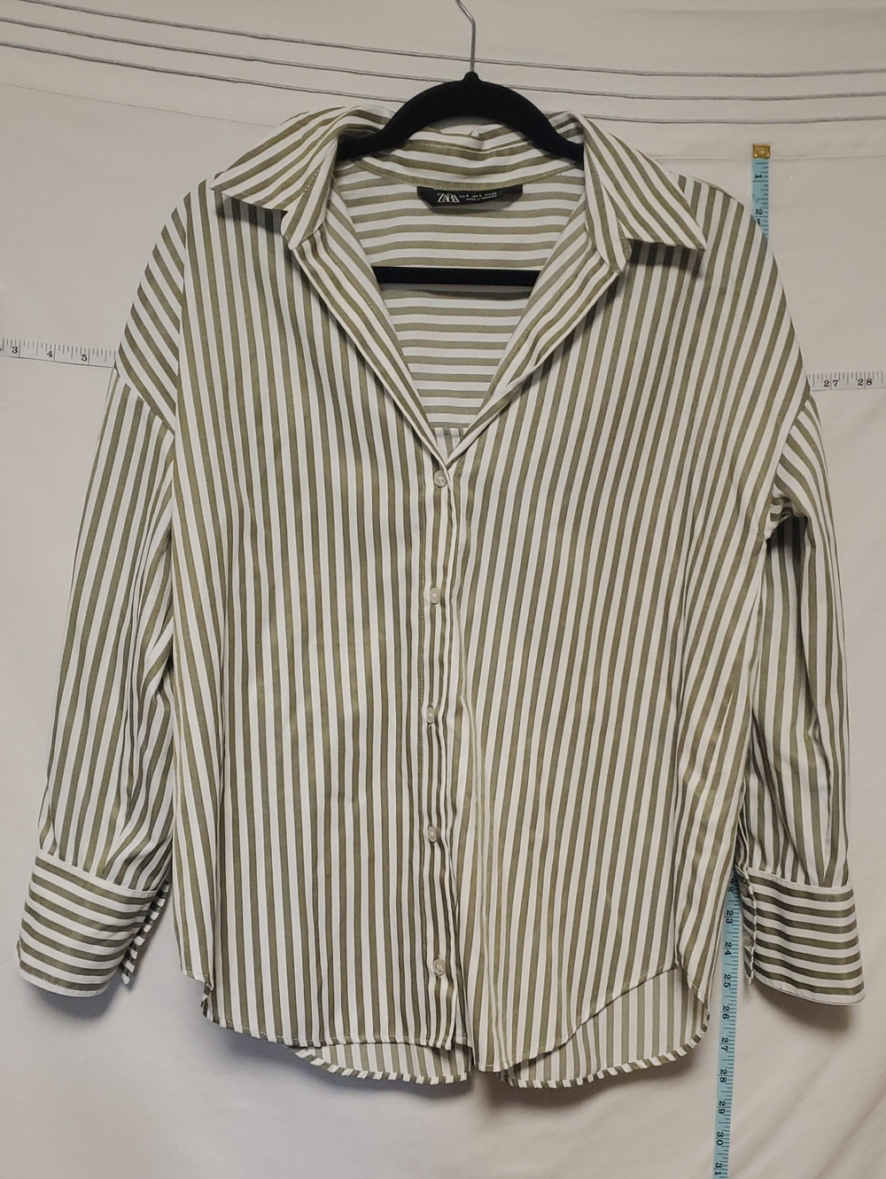 ZARA Striped Olive White Button Down Shirt Sm Office Staple Layer Capsule